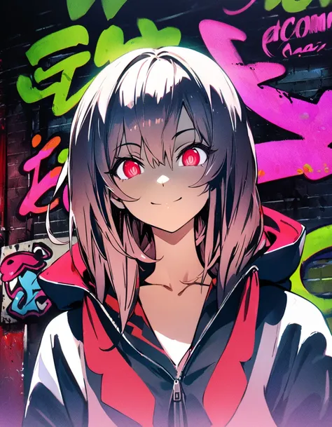 masterpiece,  top quality, 8k, Detailed Background , masterpiece,  top quality, smile,  ornament,  hoodie, Portraiture, Neon Red, graffiti, dark, night, Shining Eyes,  black light ,Aya Shameimaru