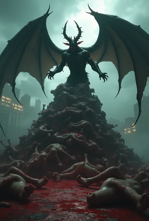 A dmeon with wings on top of a mountain of other humans, all very bloody, with buildings and streets at a bloody night that seems animated and not created by ia