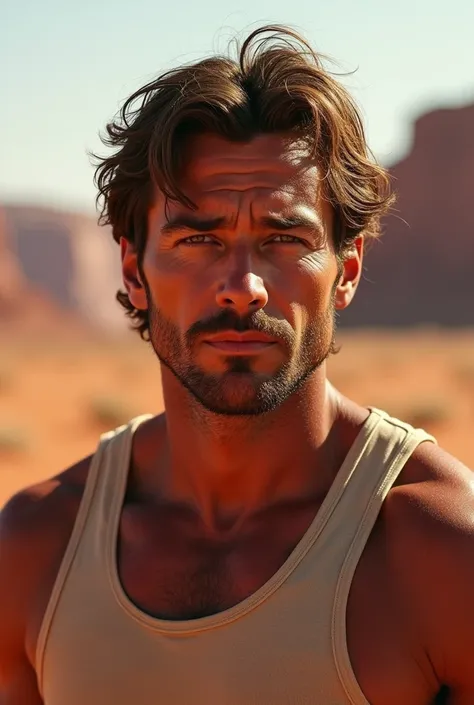 A front portrait of a stocky man with sun-kissed skin, wavy brown hair, and a rugged face. He wears a tank top, with a red desert landscape softly blurred in the background.