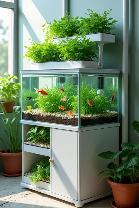 An aquaponic kit with smart monitoring features, lower part we cabinets for storage, middle part we have fish aquarium( please show there are fish) and upper part we have 4 layers of plants bed that’s suits for small scale gardening, maybe in 70cm long x 4...