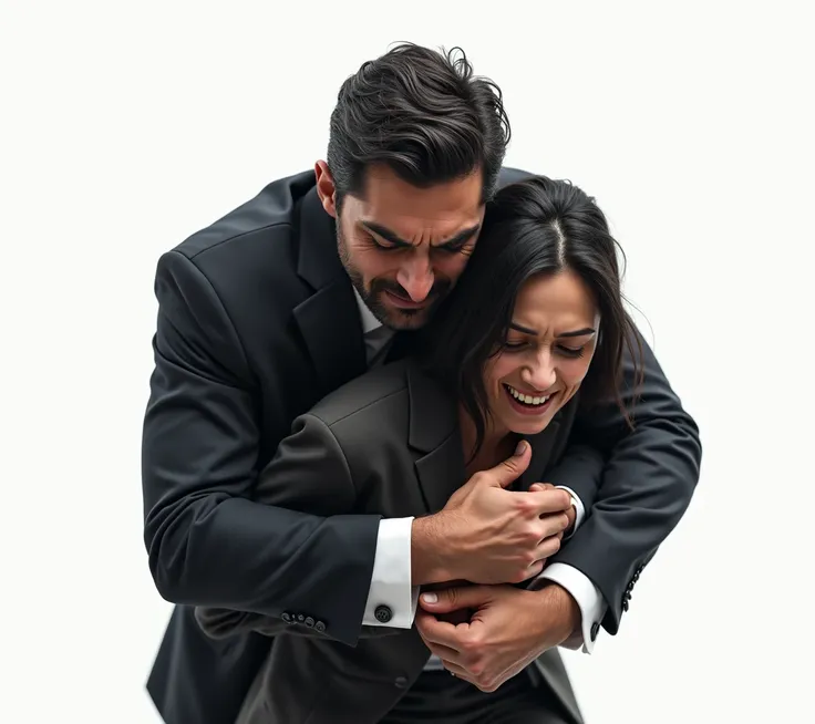 create a very young & cruel man in business suit trying to stop his wife from leaving him by holding her hand from behind with cruel expression on his face , 2/3 view of that man who cruel & hold his wifes hand , hyper realistic , full body view , white ba...