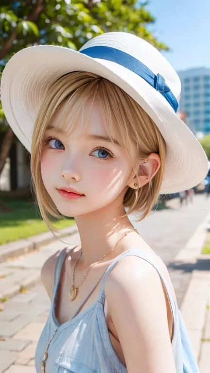 Portrait of a blonde girl in a white hat and a blue shirt ,  earrings,  Necklaces  ,  EXTRA SUPER SHORT HAIR,  side lock - hair 　A park with bright sunlight