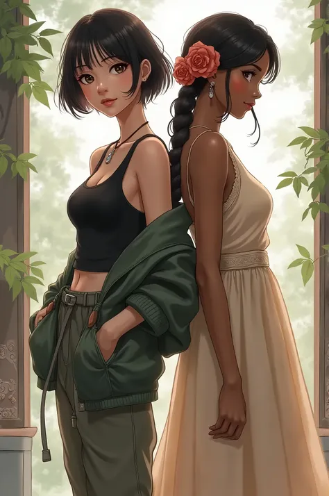 Realistis 2 girl, one modern with baggy pants and tank top and jacket and short hair shoulder length Asian fiture with western face and one is princess with a dresses and rose in her hair, back to back with same feature brown skin and brown eyes but differ...