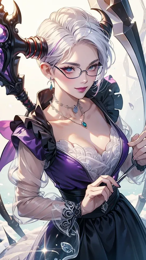 8k, masterpiece, best quality, highly detailed, 1 girl, devil, demon horns, warlock, pixie cut, white hair, multicolored hair, very short straight hair, red highlight hair on white hair, stippled hair, wearing glasses, round glasses, earrings, red eyeshado...