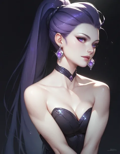 female black strapless top, bare shoulders, bare toned arms, beautiful faces, violet ponytail with showing forehead, long ponytail, earrings, soft smooth skin, pale skin, black background, purple eyes, sci-fi