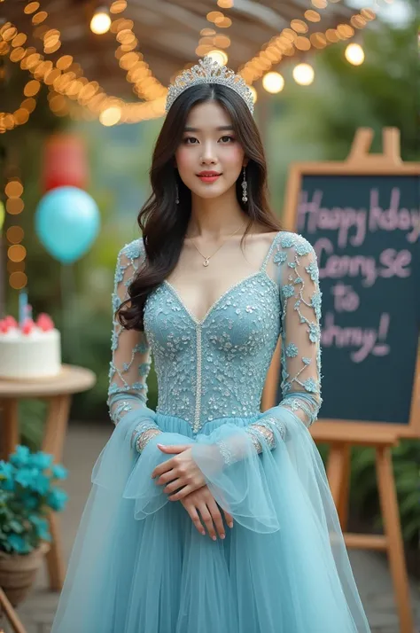 A beautiful Korean woman wearing a sparkling light blue long-sleeved dress, wearing a small crown, is standing while posing, 
Behind there is a large board with the name "haapy bristday Lenny SE"
on the edge of the table there is a birthday cake and around...