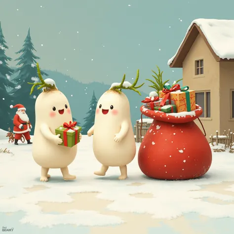 masterpiece, Santa Claus Village, Minimalist , 2color stye,only use two-color abstract painting in green and orange , cute Japanese  white radish characters , they are carrying presents to a huge Santas sack , small silhouette of one Santa Claus with reind...