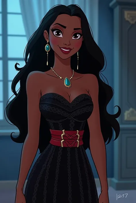 Disney princess Moana reimagined as an evil villain in disney animated style. Make it the same as Moana, but just give her a makeover of a villain in disney animated style. Keep the face the same as the original Moana.  Her dress is similar to her original...