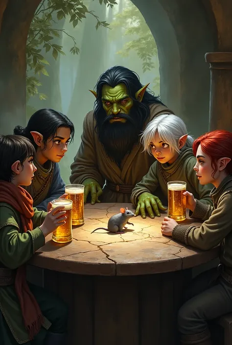 a round table , Around there is an elf with dark brown hair and green eyes  , um halfling ruivo de barba ruiva  ,  a barbaric orc with green skin and black beard and black hair and a small halfling with white skin and red hair ,  they are around the table ...