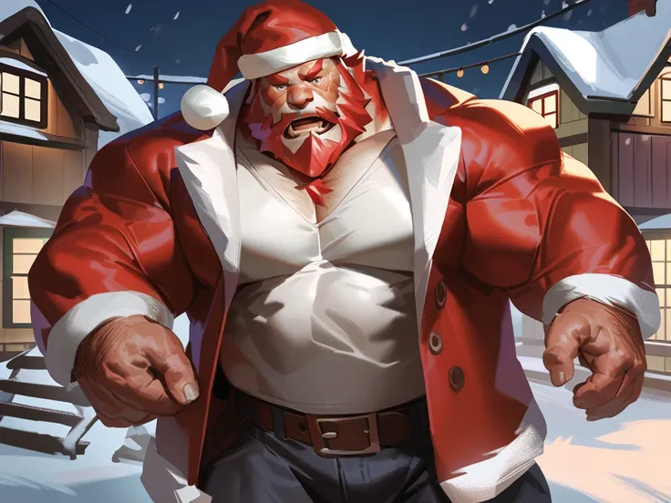 lindong, solo, huge muscular old man, pants, white tshirt, outer red furr jacket, santa hat, standing in village, houses, many houses, snow, winter, Christmas tree, christmas decoration, huge muscular, night, dark, winter hat, semirealistic:2.3, hi res, 8k