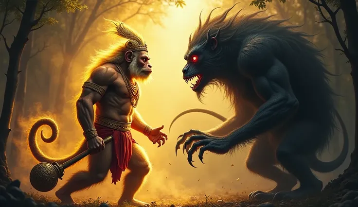 ""Depict Lord Hanuman, a divine monkey-faced warrior, with golden fur, muscular build, and glowing divine aura. He has large, expressive eyes filled with determination, and his long tail is coiled behind him. He wears a crown and traditional golden ornamen...