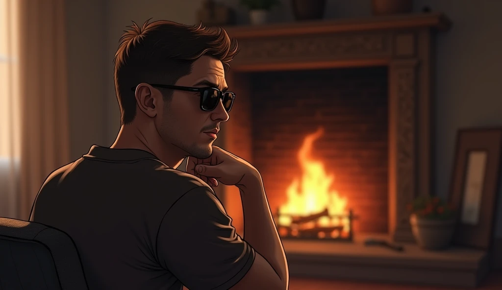 ilustration :a 40 year old man, short brown hair, he wears sunglasses because he is blind, he is sitting near the fireplace. The atmosphere is reflective.