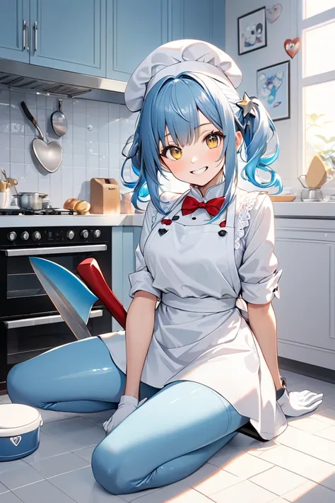 a  sitting in a corner with glitter and sweets around her, 1girl, gloves, solo, star (symbol), thighhighs, hat, illustration of blue haired girl wearing chef hat, smiling with teeth, blue hair, yellow eyes, hat, star (symbol), hair ornament, bow,long hair,...