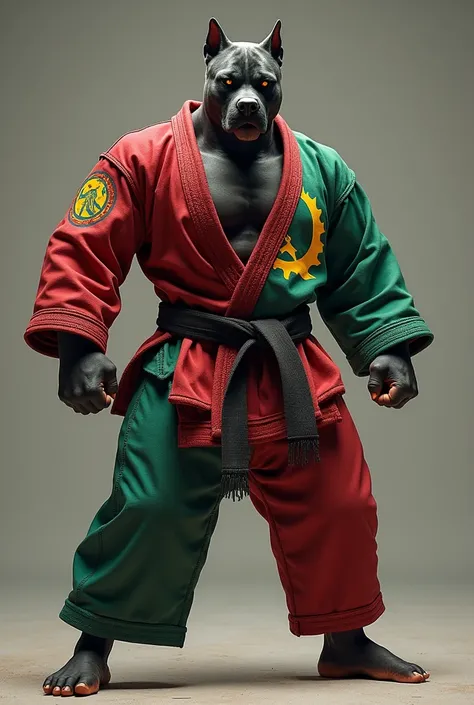    Dark-skinned judo fighter, Show the full body , com a face de um pitbull ,   Hibidro -Man - Doberman dog    ,      your judo kimono must have the colors of Angola