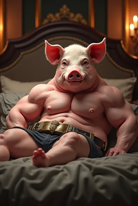 a pig sleeping on the bed (make the pig looks more giga-chad, sigma)