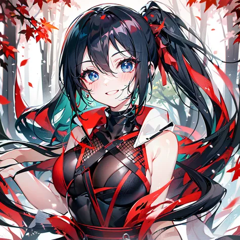  blue eyes、Clear black hair、Create a smiling anime-style character with a long, dark ponytail. The character must wear a black and red ninja costume with exposed shoulders and be wielding icy blades. The background will be a mysterious forest with fallen l...