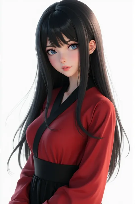  3D character ,  women ,  long straight hair, hime roof , Black hair, blue eyes,  oufit red black , không hở hang lố,  pretty bright side, dont be too open , white base, wearing no open 