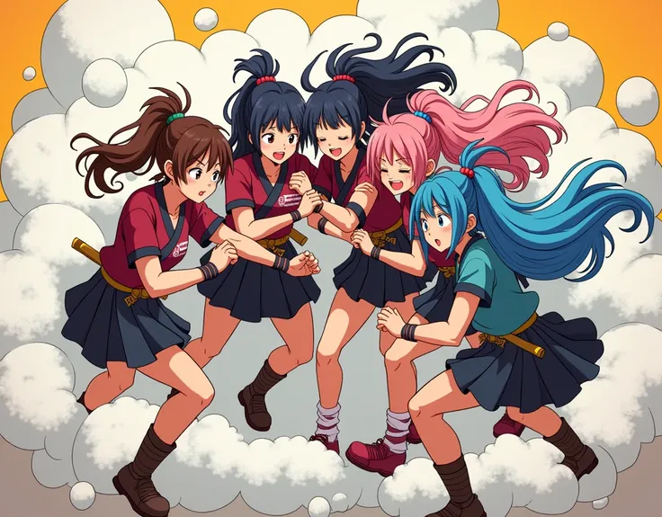 An anime-style comic depicting many samurai-girls playfully wrestling with each other inside a futon comical fight cloud.
each samurai-girl has different  colored hair.
their faces,hands,and feet are visible emerging from the cloud as they tussle humorousl...