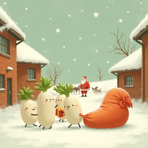 masterpiece, Santa Claus Village, Minimalist , 2color stye,only use two-color abstract painting in green and orange , cute Japanese white radish characters , they are carrying presents to a huge Santas sack , small silhouette of one Santa Claus with reinde...