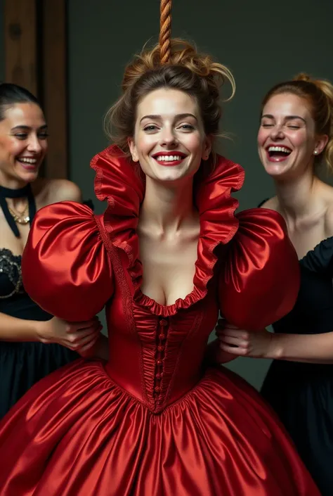 (realistic photograph close up sideways), (a pleased beautiful Caucasian lady with (messy hair bun), she is wearing (a historical elaborate shiny red silk gown with (long gigantic puffed sleeves), (and with an ultra high tight stand-up collar up to her che...