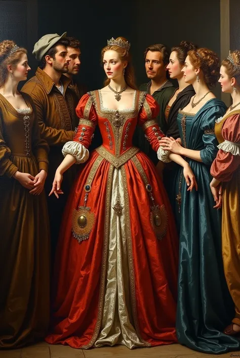 

Title: " The display of the outfit "
artist: emanuel

Descripción: 
 Oil painting on canvas showing a woman from medieval high society proudly displaying her luxurious dress among a group of friends .  The lady is in the center of the scene ,  with an el...