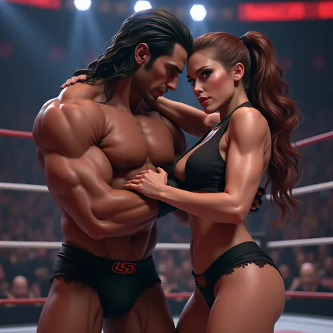 (masterpiece, best quality,ultra detailed,8k) break (ring:50.0) break (１Are human female wrestlers and １ male wrestlers pro wrestlers match :80.0),(１ female wrestlers １Distorting human male wrestlers a headlock :99.0) break (１ female wrestlers beautiful fa...