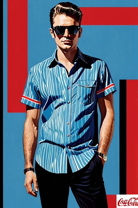 In the style of Chatlie Bowater, man with sunglasses, blue shirt with red stripes, black pants, cokehead, poster, eelglat