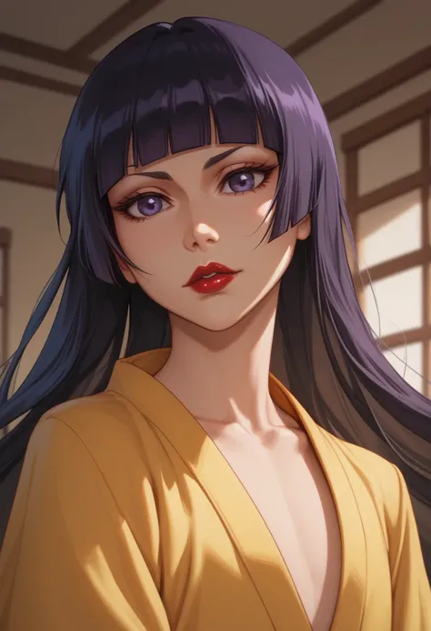 Loli flat chest girl (Bleach) with extremely long dark blue straight hair, big large dark purple eyes. Long blunt hair bangs. Red lipstick. Yellow kimono.