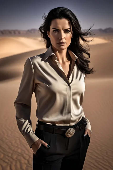 A dramatic portrait of a woman who is at her 35s. Elegant and refine. She had dark hair and eyes, sharp and intelligent features. Her appearance suggests control and hidden strength. desert clothing. 