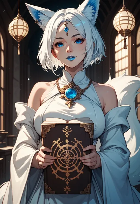  Short white hair and piercing blue eyes, holding an ancient book, a kitsune, fox ears, cute  dramatic lighting, vibrant colors, fantasy, anime blue lipstick, cowboy shot, white maiden robes, looking at viewer