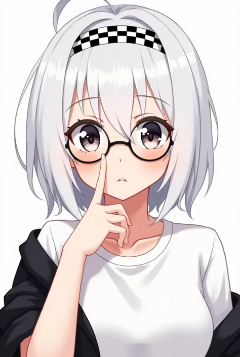 Anime girl, white hair, wearing glasses, headband chess pattern - black and white, white t-shirt. Black shirt. Make it not to realistic. Japanese artstyle, facing to the camera. Pose with her hand