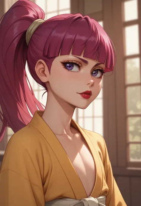 Loli flat chest girl (Bleach) with extremely long dark blue straight hair tied in ponytail, big large dark purple eyes. Long blunt hair bangs. Loli flat chest. Red lipstick. Yellow kimono.