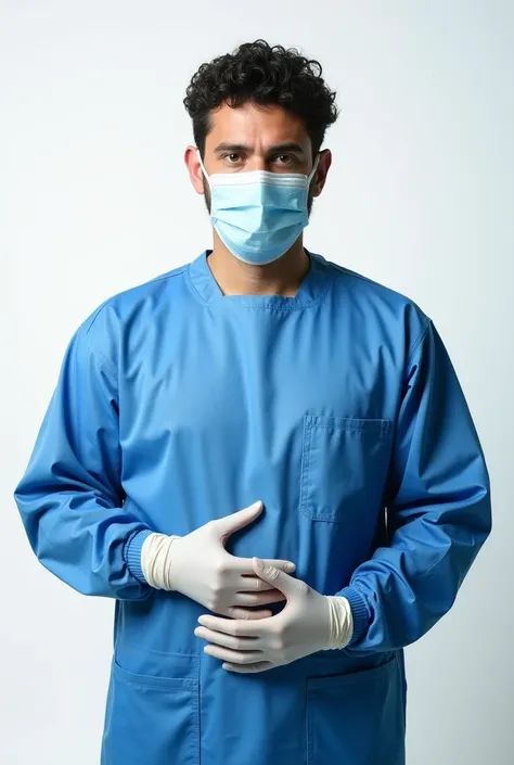 The image shows a man wearing blue surgical scrubs and a surgical mask. He is also wearing white gloves. The man is standing in front of a white background and is looking directly at the camera with a serious expression on his face. The image appears to be...