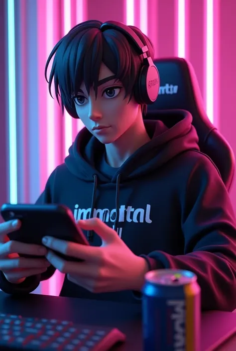 yotube avatar for Pubg .  Handsome 3D anime guy with dark hair ,  in a black hoodie with an inscription ON HIS CHEST "IMMORTAL FAMILY".  SITS ON A GAMING CHAIR WEARING HEADPHONES ,  PLAYS PUBG ON HIS SMARTPHONE ,  IN FRONT OF A COMPUTER MANITOR WITH PUBG ,...