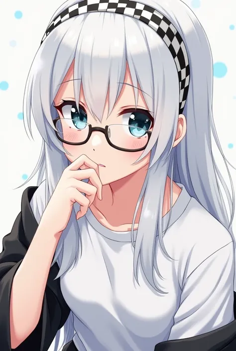 Anime girl, white hair, wearing glasses, headband chess pattern - black and white, white t-shirt. Black shirt. Make it not to realistic. Japanese artstyle, facing to the camera. Pose with her hand, the image is from head to upper leg. For wallpaper. HD