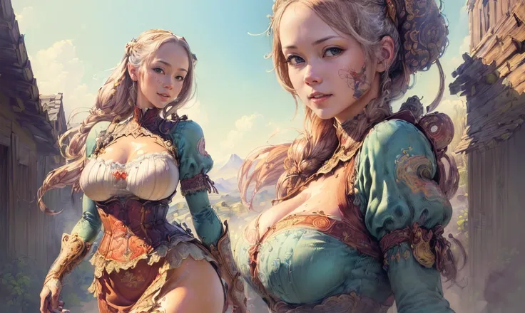 ((((epic art, super fine illustration, High resolution, Super detailed, masterpiece, whimsical, realistic)))), ((1 female:1.5)), a saucy female bard blushing, walking behind you ((looking at the viewer:1.5)).