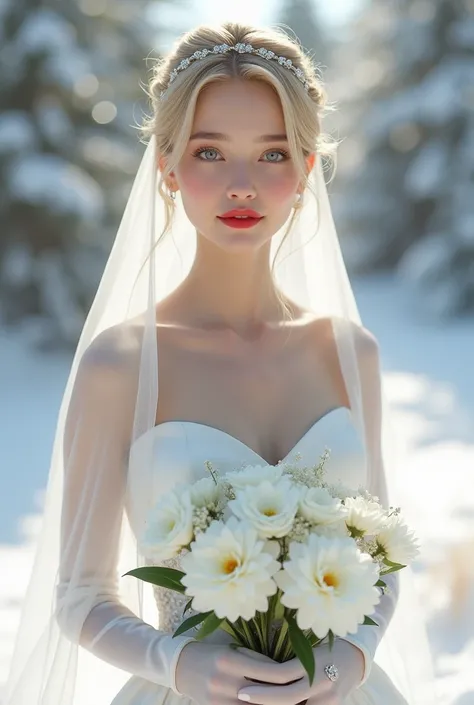 A beautiful bride stands gracefully in a picturesque winter wonderland, her fair complexion glowing against the soft white of the snow. Her straight blonde hair is elegantly styled into a neat bun, enhancing the delicate features of her youthful face. With...