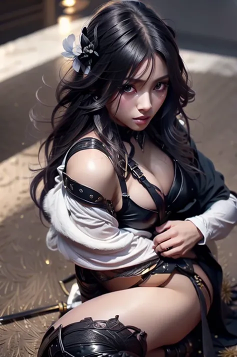 {best quality}, {very aesthetic}, {ultra-detailed},  ((acrobatic pose))、 sexy female character wearing black armor as a warrior from the Sengoku period 、((realistic))、((long, flowing hair))、((dark brown hair ))、((toned body))、(glistening skin)、 tight body、...