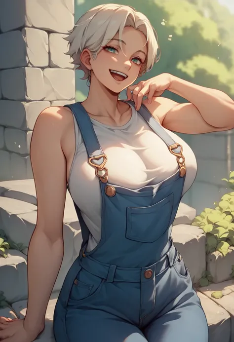 School girl 　Big Breasts　, blue overalls , sleeveless shirt、 clevis on a stone,(Beautiful F-cup breasts)、 sexy、 composition from the front、smile、 open your mouth slightly,, Anime-style painting style, in Ruhua Street、nsfw　