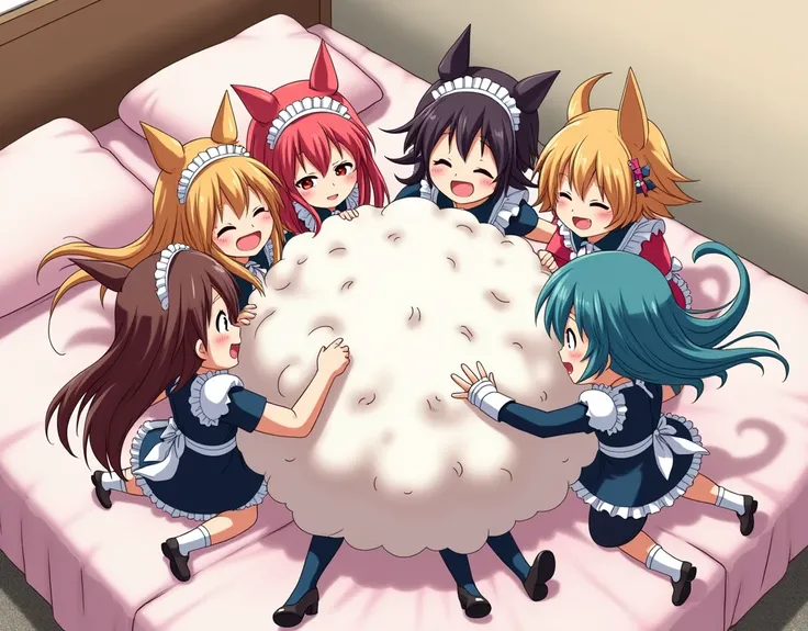 An anime-style comic depicting many animal-maids playfully wrestling with each other inside a bed comical fight cloud.
each maid has different  colored hair.
their faces,hands,and feet are visible emerging from the cloud as they tussle humorously,  with th...