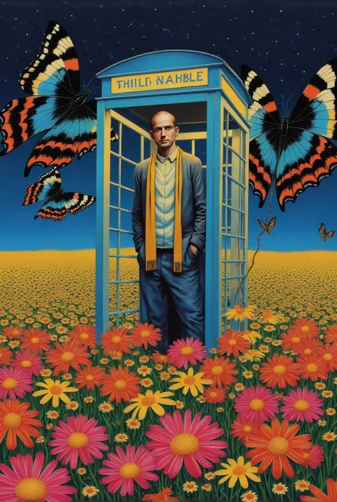  The hallucinatory art of a man in a telephone booth in a field of flowers at night ,    Psychedelic Surreal Art   , Shamanistic horror LSD art,    Terrible Surrealist Art   ,   dmt Death of Ego  ,   Psychedelic Space Horror  ,   DMT Egodes   ,      Shaman...