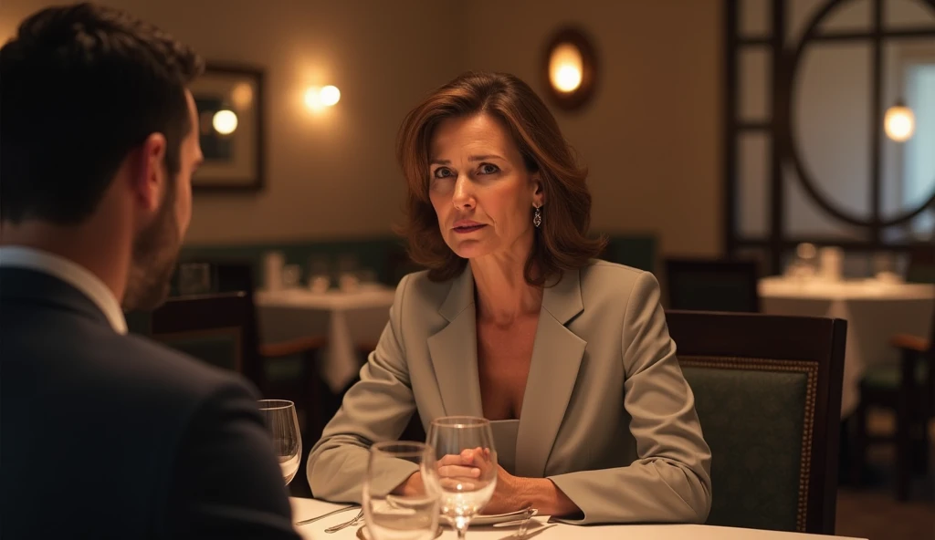 "A mature woman (aged 40-55) sitting at a table in a restaurant, looking slightly uninterested while the man across from her seems engaged in conversation. Her body language should convey mild disinterest—perhaps she’s distracted or not fully engaged with ...