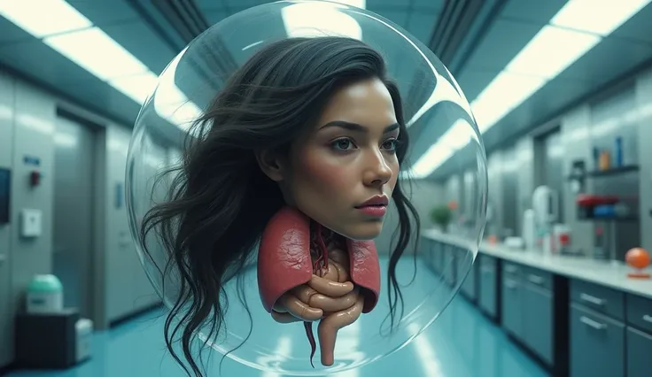  A piece of the head of a beautiful long-haired latin woman hangs disembodied alongside vital internal organs such as the heart, heart, pulmonary lung ,  and her intestines in a glass capsule in a futuristic laboratory , a scientist is observing her 