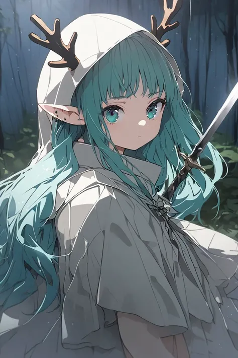 a girl, lonely, shocked, desperate, expressionless, sword fighting, high quality, elf, young adult, with antlers, with a sword, long sleeves, cardigan, cape, raincoat, slim, petite, fair skin, aqua eyes, aqua hair, long hair, looking back, mysterious atmos...