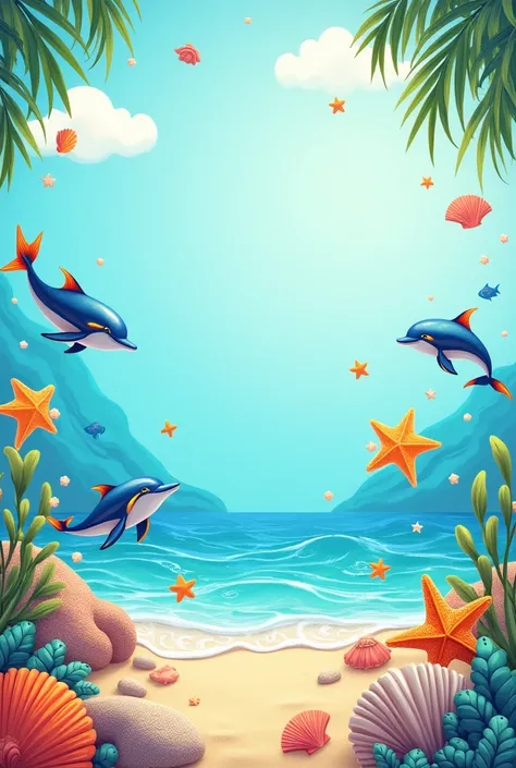 Create an invitation card for a school event, incorporating a vibrant sea-themed design. The card should feature elements like waves, seashells, marine life (fish, dolphins, starfish), and soft ocean hues (blue, turquoise, sandy beige). The title Youre Inv...