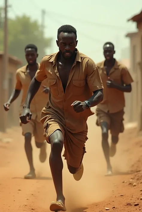 The photo shows a man african 
chasing his wife and two young men