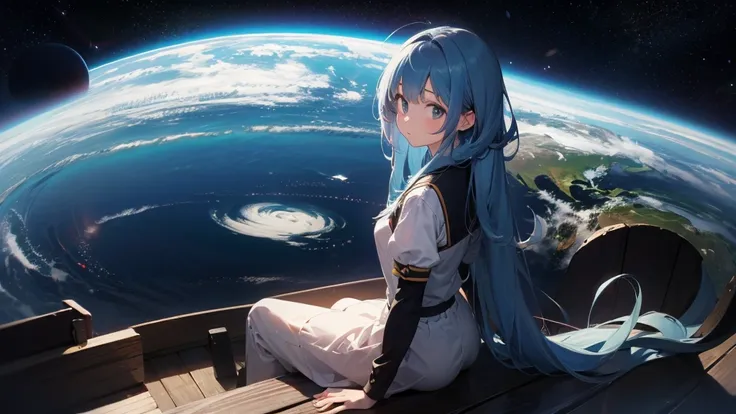 1 girl with long blue hair,Look at the Earth, it&#39;s a distorted world　From the side