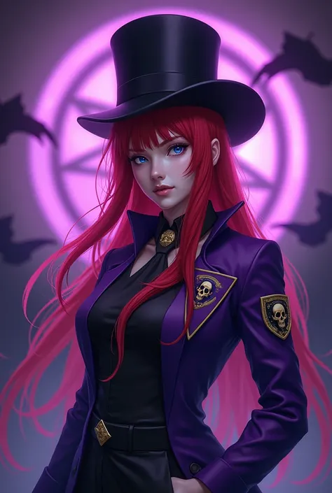  a realistic anime-style character , She has blue eyes , It&#39;s beautiful, long red hair with a light fringe .  wears the clothes of a fraternity called Demons where it is purple and black . She wears a high top hat.  in the background has an inverted pe...