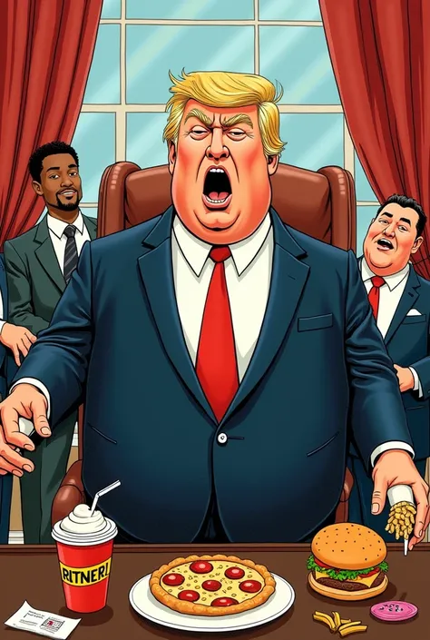 New Yorker style cartoon of Donald Trump in a very tight small suit, appearing severely obese, surrounded by hamburgers, french fries pizza, fried chicken, ice cream, and milkshakes, other junk food as well, rappers from fast food all over the oval office....