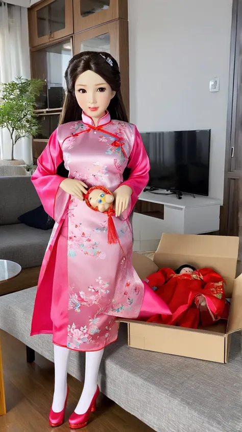 Unboxing real doll. the doll in the box, bimbo body style, fully clothed, wearing Chinese dress. the box is on the table of living room,